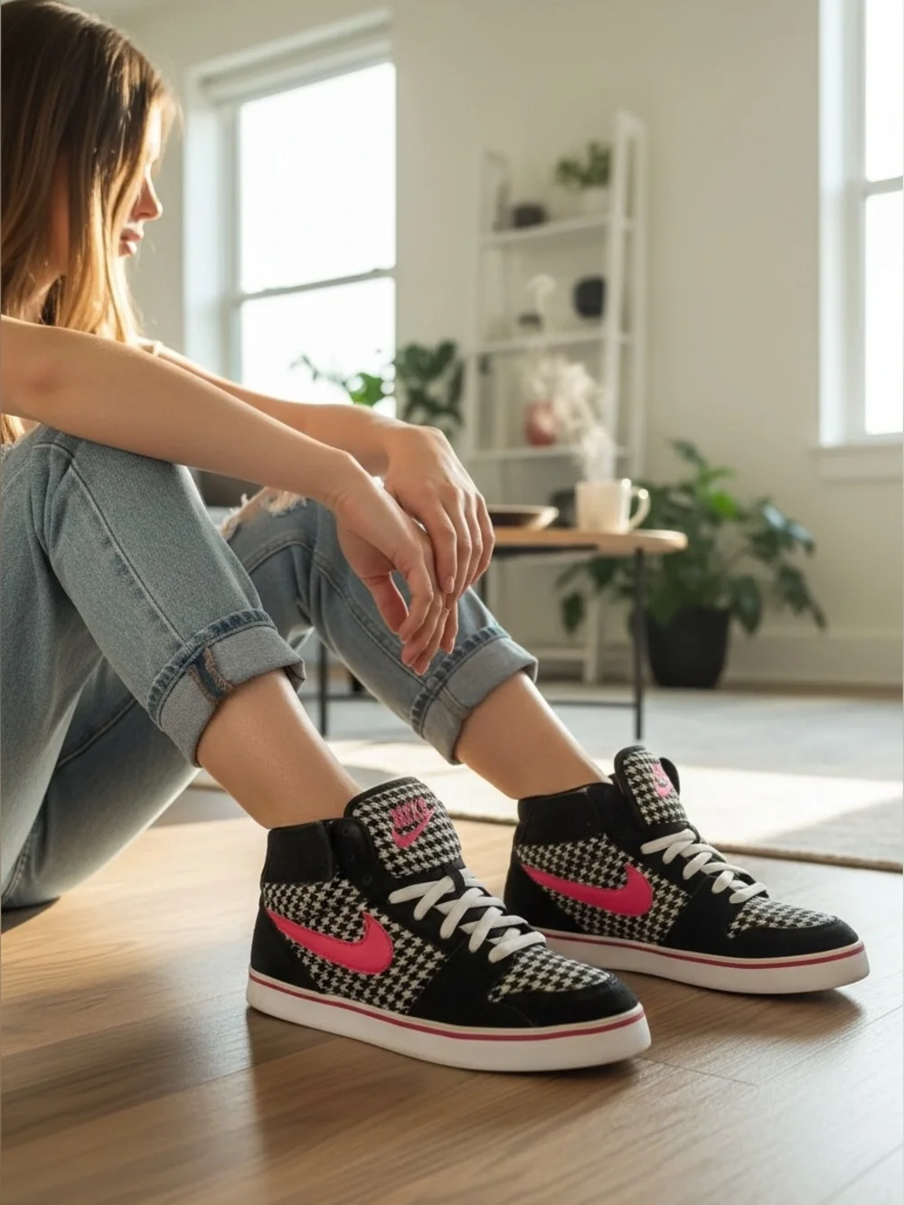 Nike women Houndstooth High-Top Sneakers in Black, White & Pink